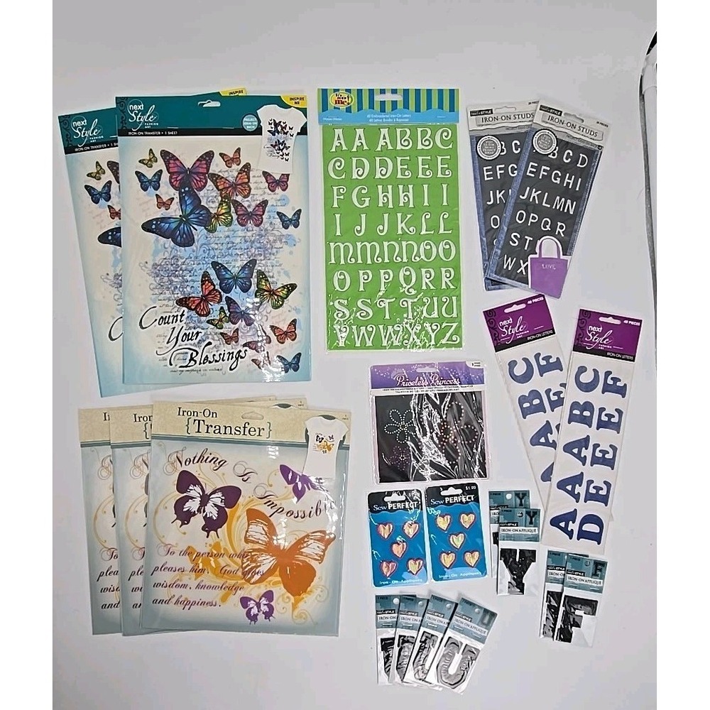 Lot Iron On Transfers Applique Hearts Butterlies Letters 21 Pieces